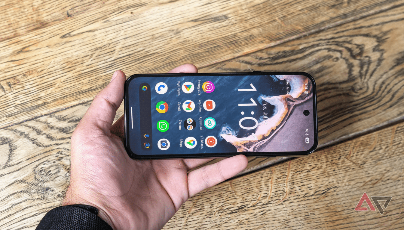 A hand holding a smartphone with various app icons displayed on the screen, resized to a 16:9 aspect ratio.