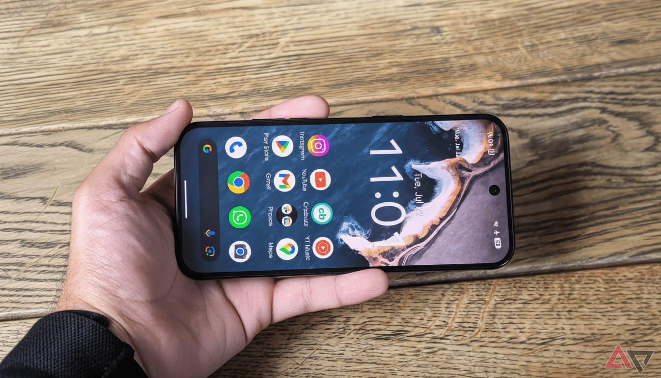 A hand holding a smartphone with a dark wallpaper and various app icons, resized to a 16:9 aspect ratio.