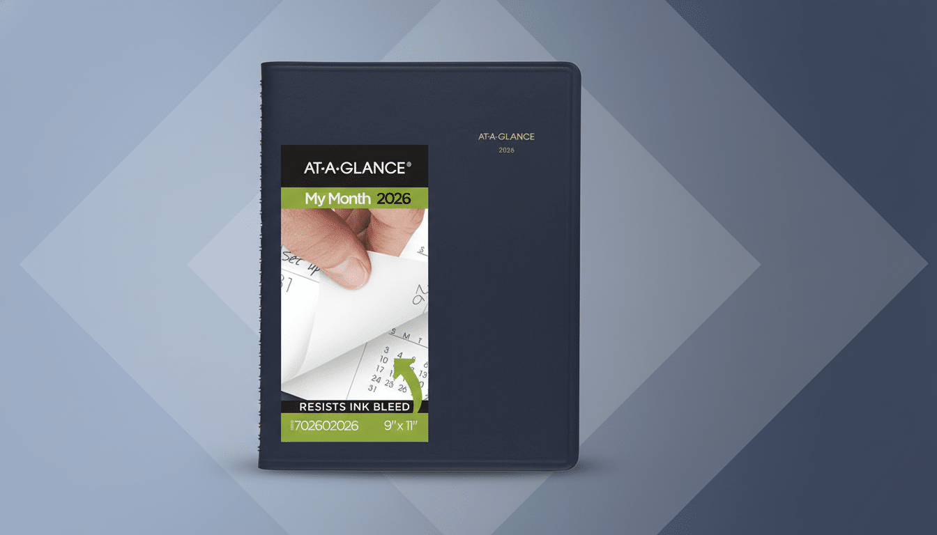 A dark blue AT-A-GLANCE My Month 2026 planner with a spiral binding on the left, shown on a professional flat design background with soft gray and blue gradients.