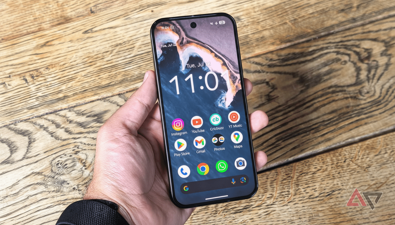 A hand holding a smartphone with various app icons displayed on the screen, set against a wooden table background.