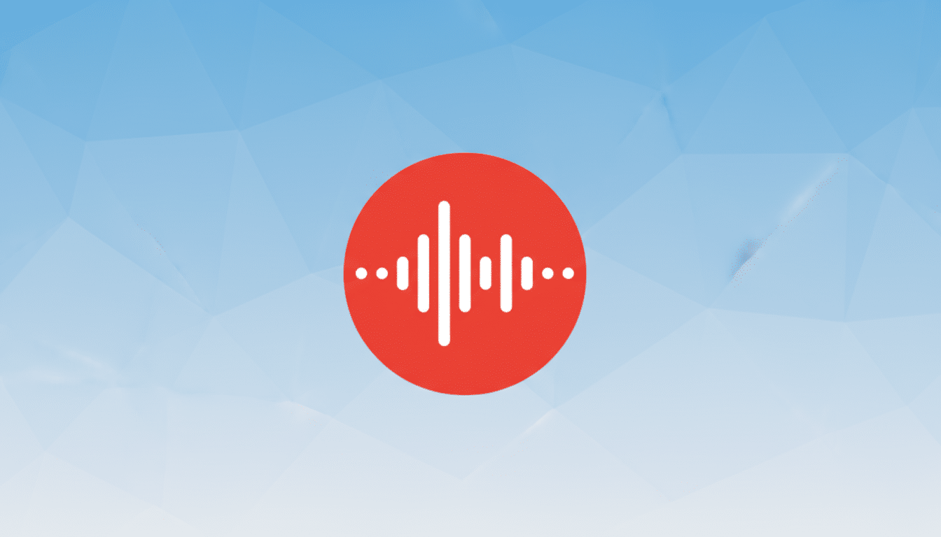 A red circle with a white sound wave icon in the center, set against a light blue geometric background.