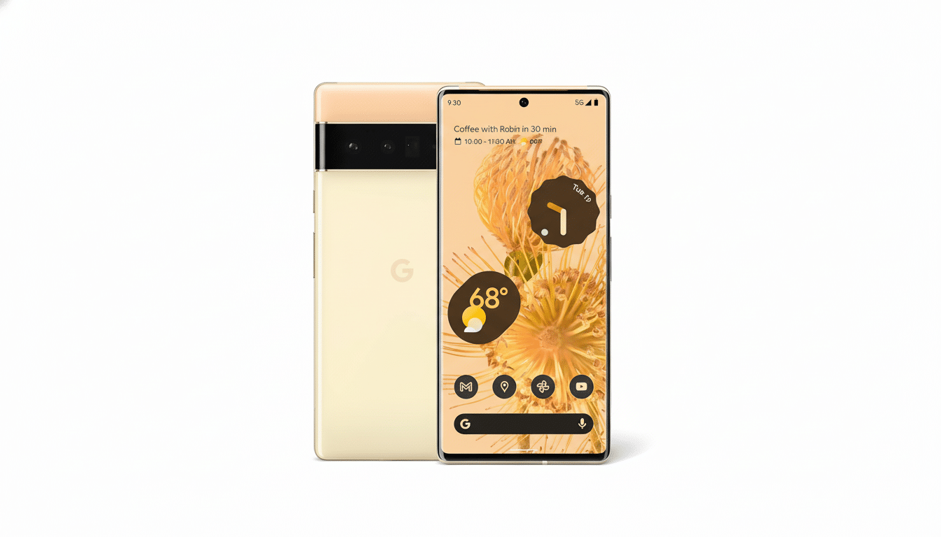 A Google Pixel 6 Pro smartphone in a light gold color, shown from the front and back, against a white background. The front screen displays a floral wallpaper and various app icons.