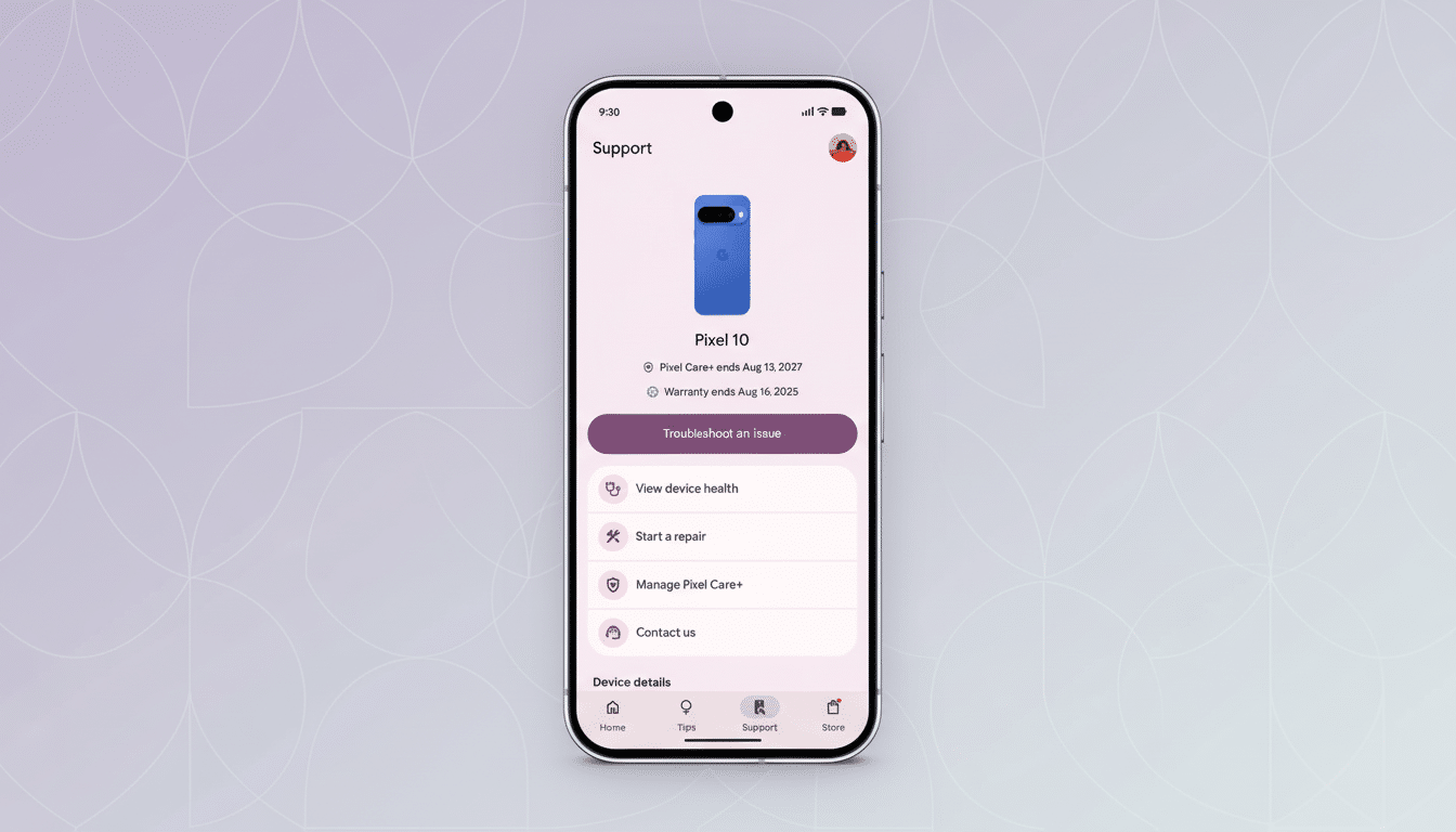 A smartphone displaying the Google Pixel support page, featuring a blue Pixel 10 phone, with a professional, soft patterned background.