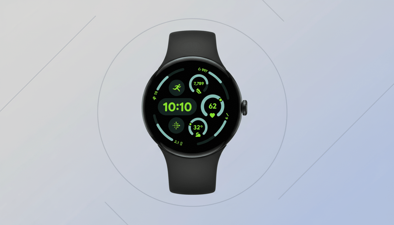 A black Google Pixel Watch with a vibrant green and white display, centered on a professional light blue and white gradient background with subtle circular and linear patterns.