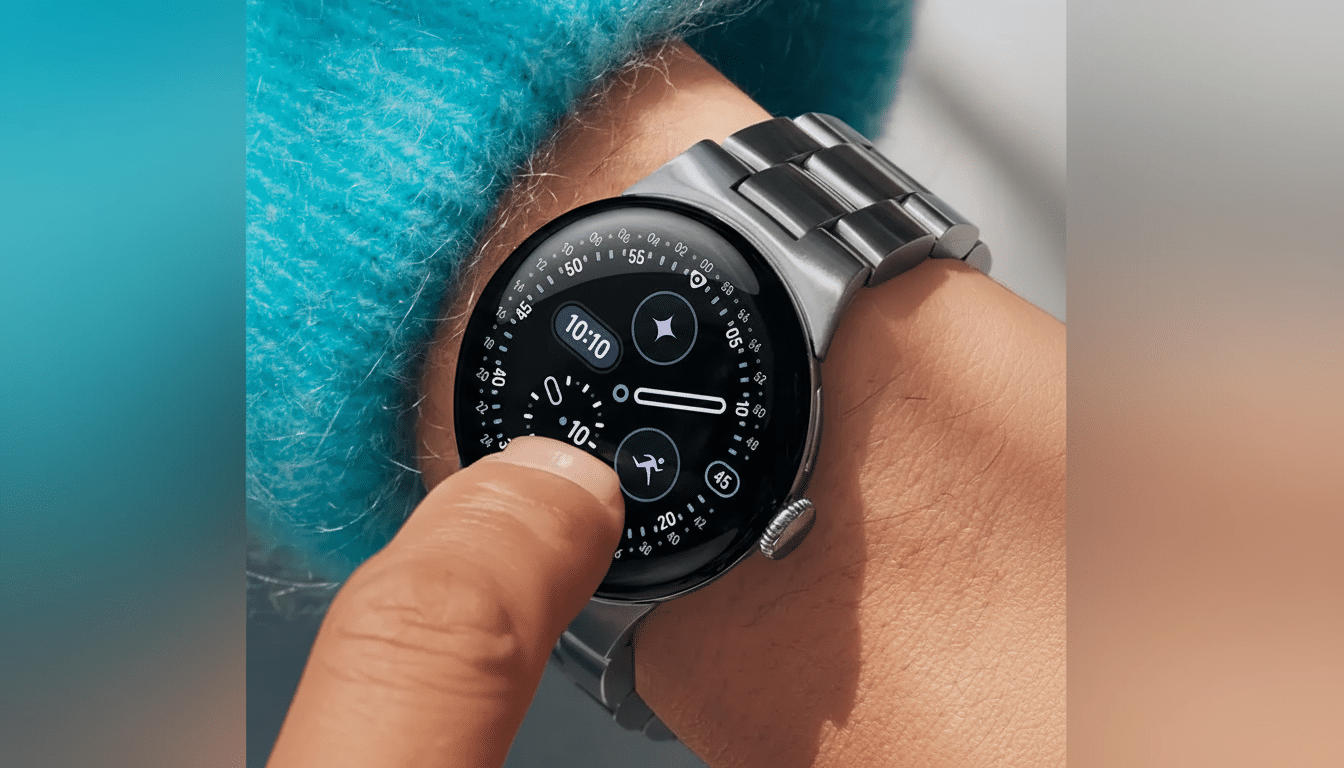 A close-up of a persons wrist wearing a silver smartwatch with a black face, displaying various icons and numbers. The persons finger is touching the screen.