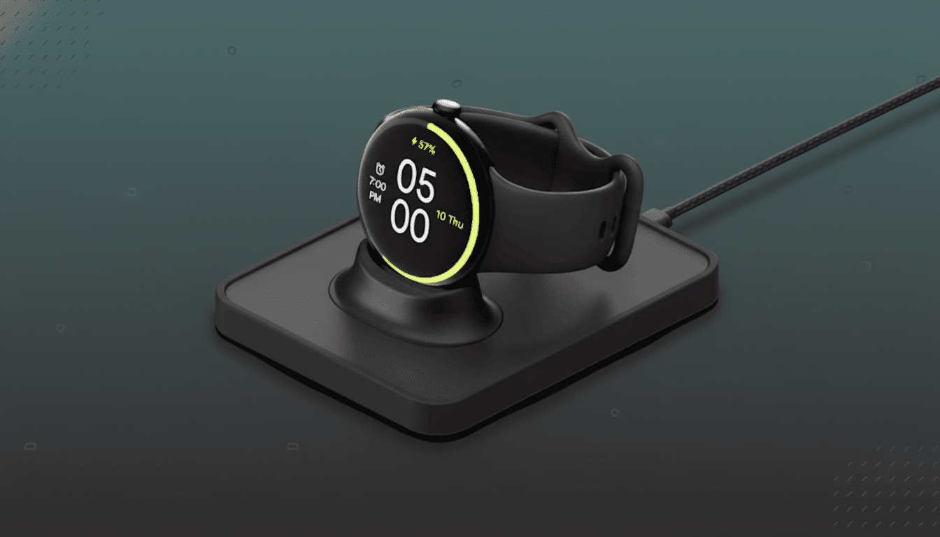 A black smartwatch with a bright green ring on its display, showing the time as 5:00 and the date as 10 Thu, is charging on a black magnetic dock. The background is a professional flat design with a soft gradient from dark teal to dark gray, featuring subtle geometric patterns.