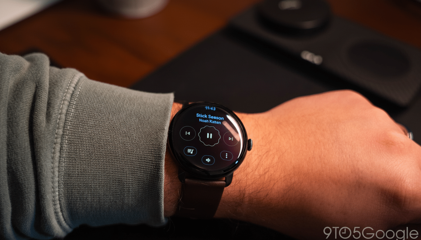 Google Pixel Watch face with always-on media controls and timers
