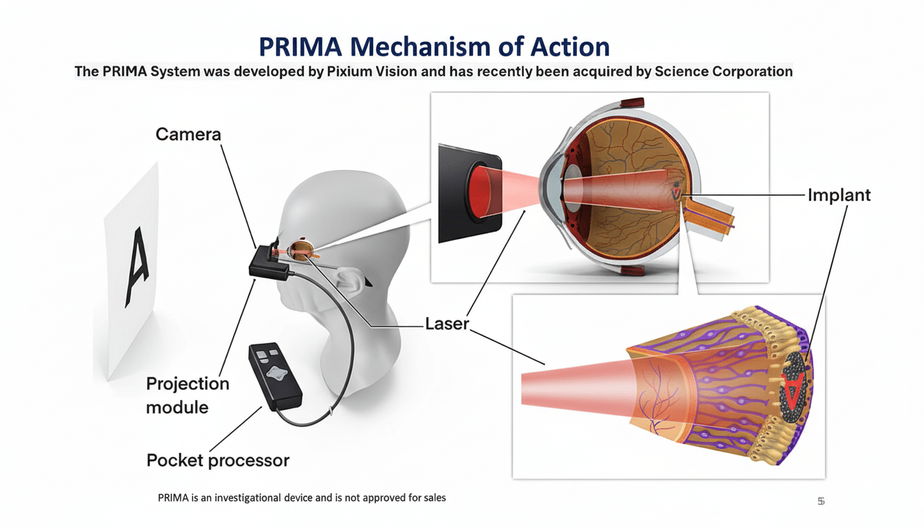A diagram illustrating the PRIMA Mechanism of Action, showing a device worn on a head, a laser projecting into an eye with an implant, and a detailed view of the implants interaction with the retina.