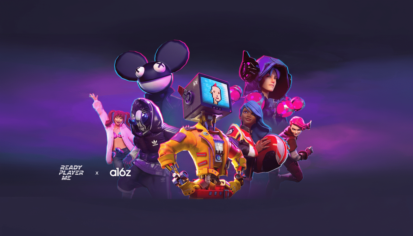 A group of diverse, stylized 3D characters, including a robot with a screen for a head, Deadmau5, and other avatars, are posed against a dark purple and blue gradient background. The Ready Player Me x a16z logo is in the bottom left corner.