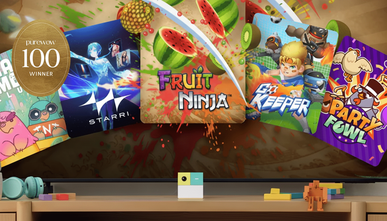 A television screen displaying various game titles, including Fruit Ninja and Party Fowl, with a Purewow 100 Winner badge. In front of the TV, theres a wooden stand with headphones, a small white device, and colorful toy blocks.