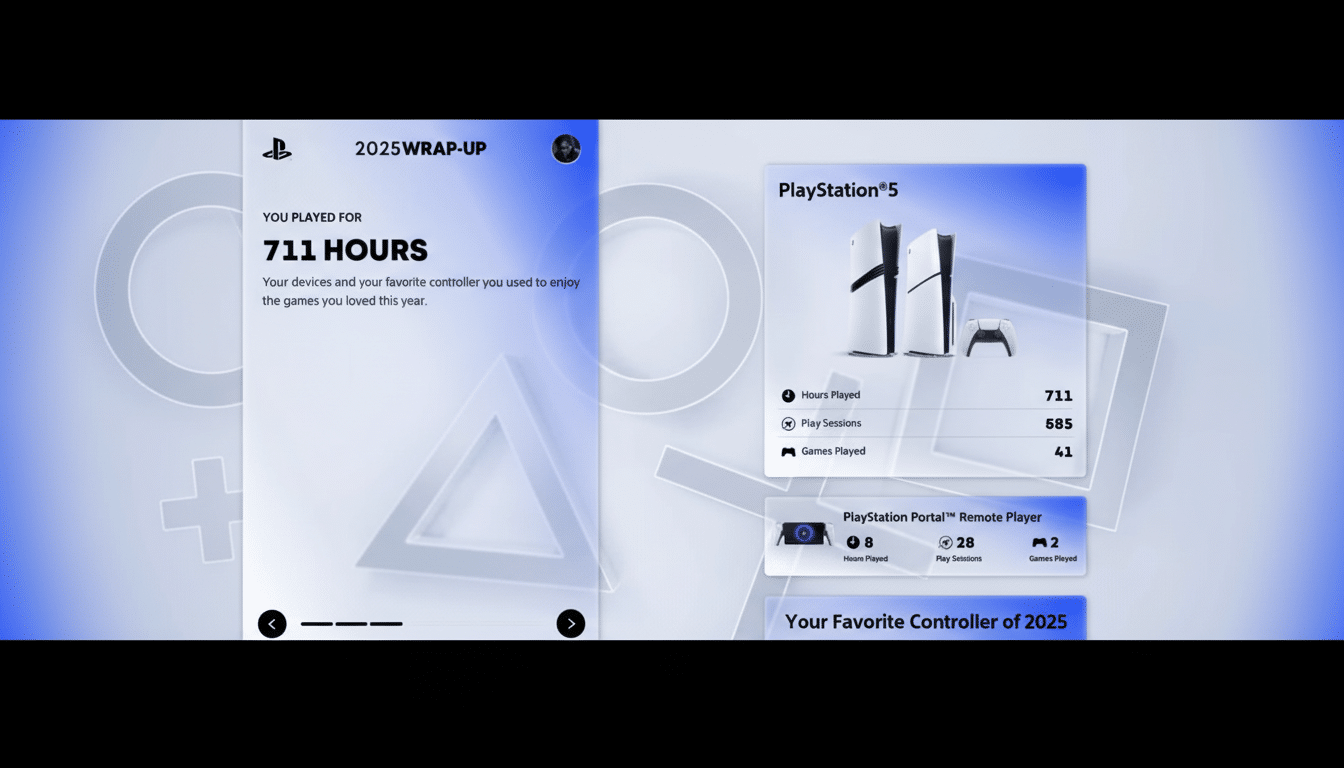 A PlayStation 2025 wrap-up screen showing 711 hours played, details on PlayStation 5 and PlayStation Portal Remote Player usage, and a section for the favorite controller of 2025.
