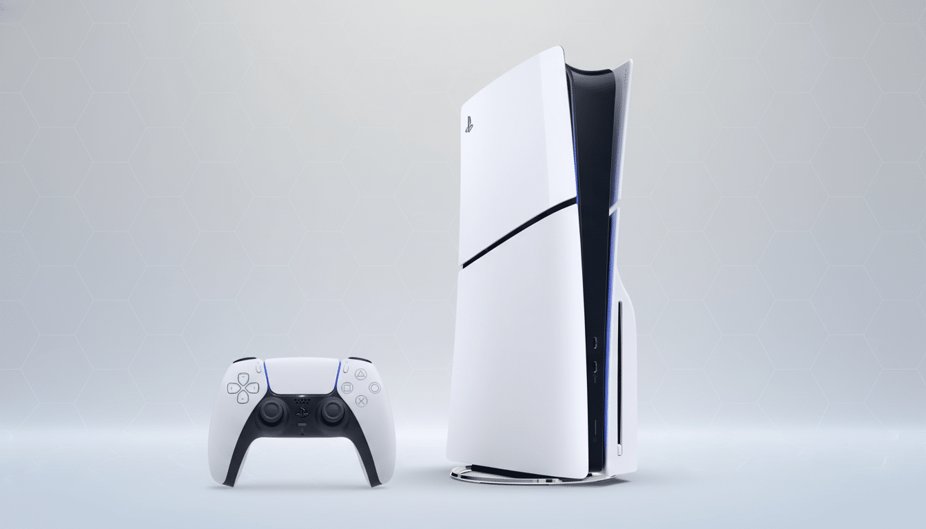 A white PlayStation 5 console stands upright next to a matching white DualSense controller, both centered on a professional light gray background with subtle hexagonal patterns.