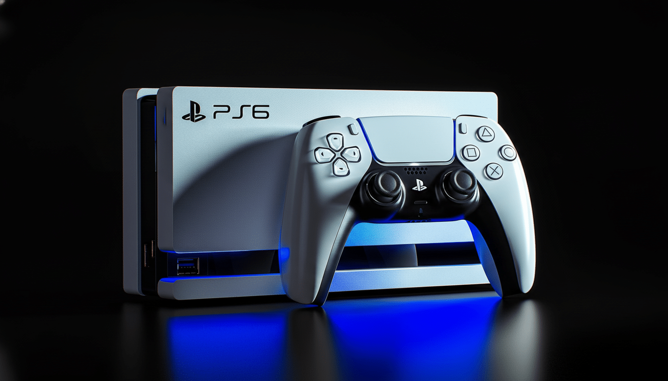 A white PlayStation 6 console and matching controller are displayed against a dark background with blue lighting emanating from the console.