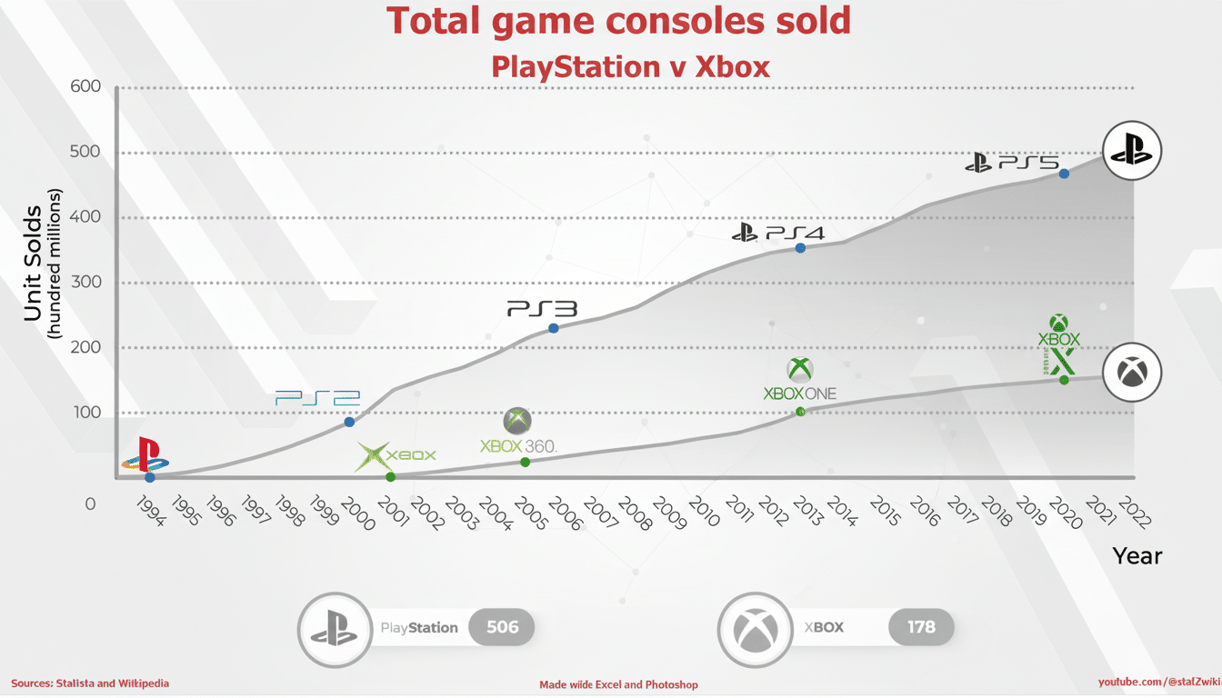 A line graph titled Total game consoles sold: PlayStation v Xbox showing unit sales from 1994 to 2022. PlayStation sales are represented by a grey area and Xbox sales by a grey line. PlayStations cumulative sales are 506 million units, and Xboxs are 178 million units.