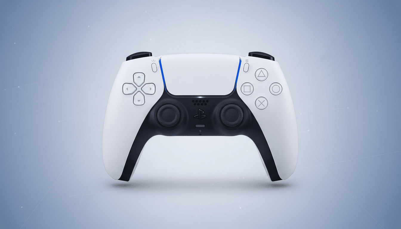 A white PlayStation 5 DualSense controller with black accents, centered on a light blue gradient background with subtle geometric patterns.