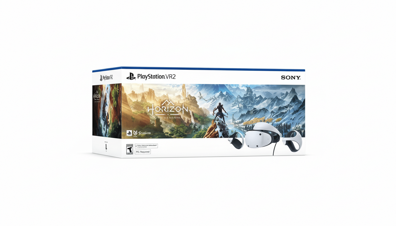 A white PlayStation VR2 box with the Horizon Call of the Mountain game cover art and the VR headset displayed next to it.