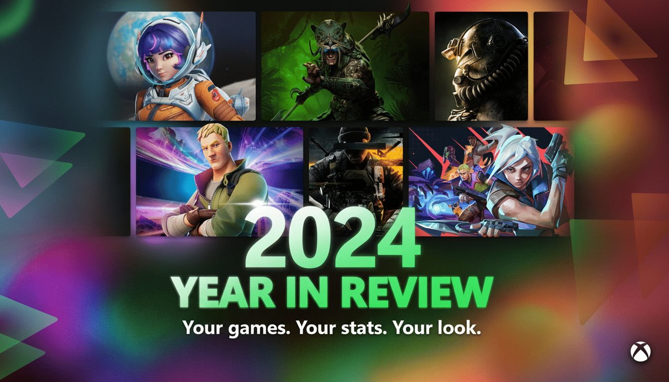 A 16:9 aspect ratio image with 2024 YEAR IN REVIEW in large green letters, surrounded by various video game character images.