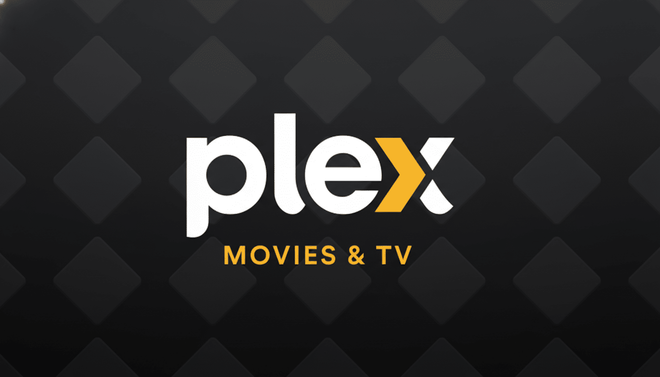 The Plex logo and MOVIES & TV text on a dark gray background with a subtle pattern of darker gray squares.