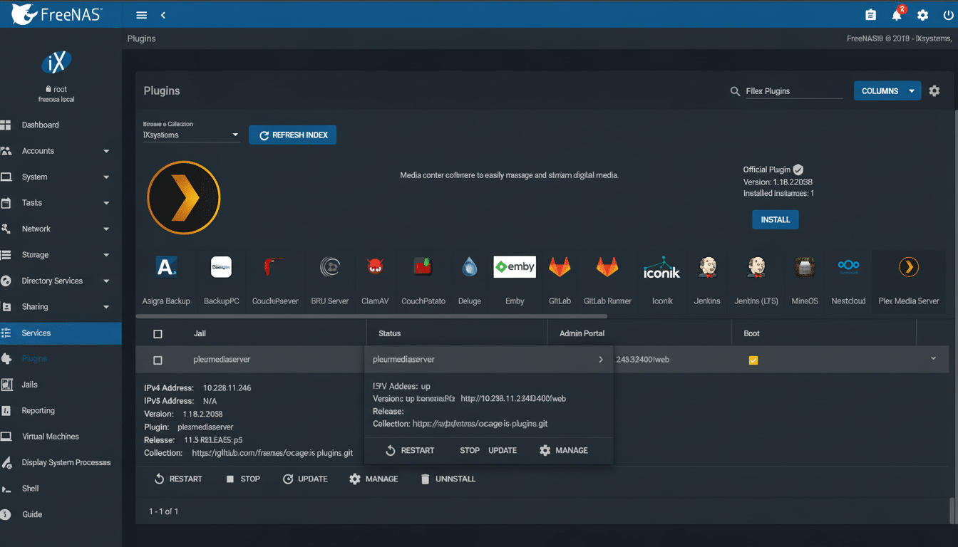 A screenshot of the FreeNAS web interface, specifically the Plugins section, showing a list of available plugins and details for the pleurmediaserver plugin.