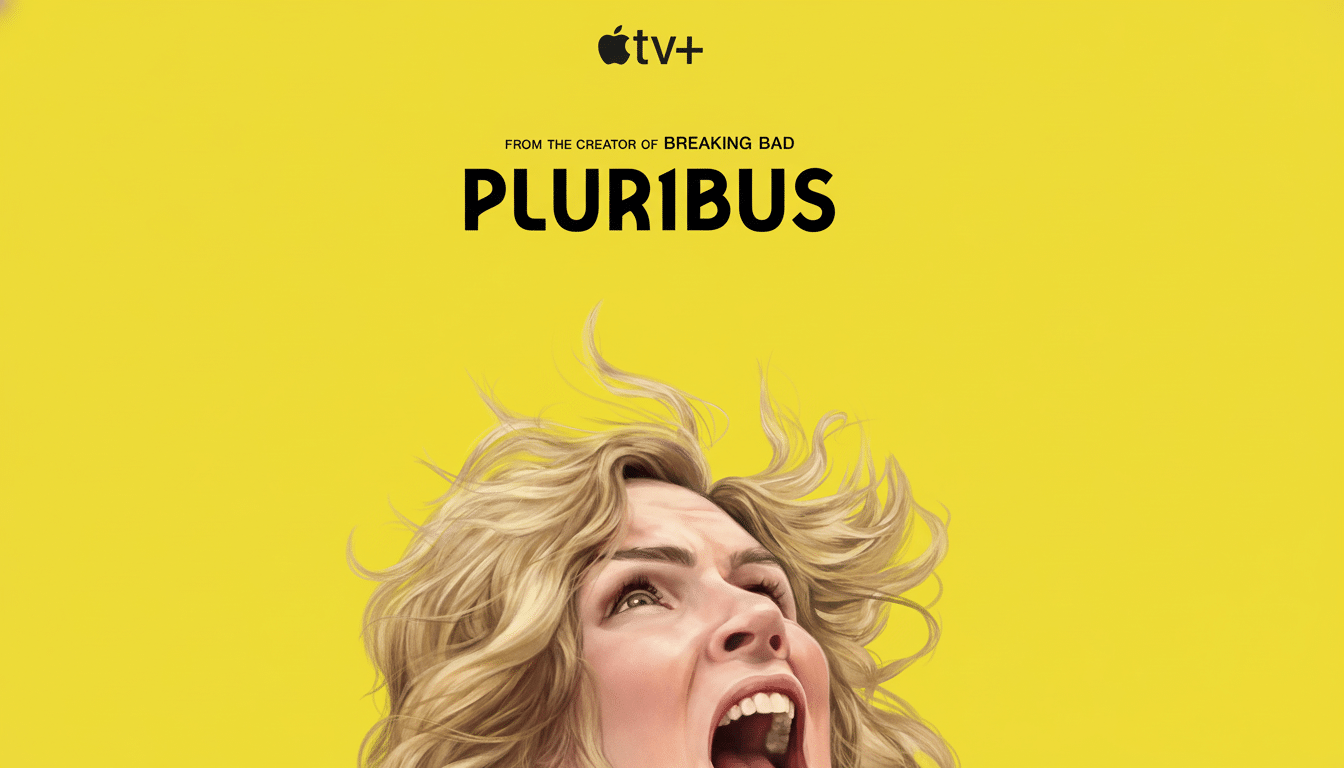 A movie poster for PLUR1BUS on Apple TV+, featuring a woman with blonde hair and an open mouth, looking upwards, against a bright yellow background.