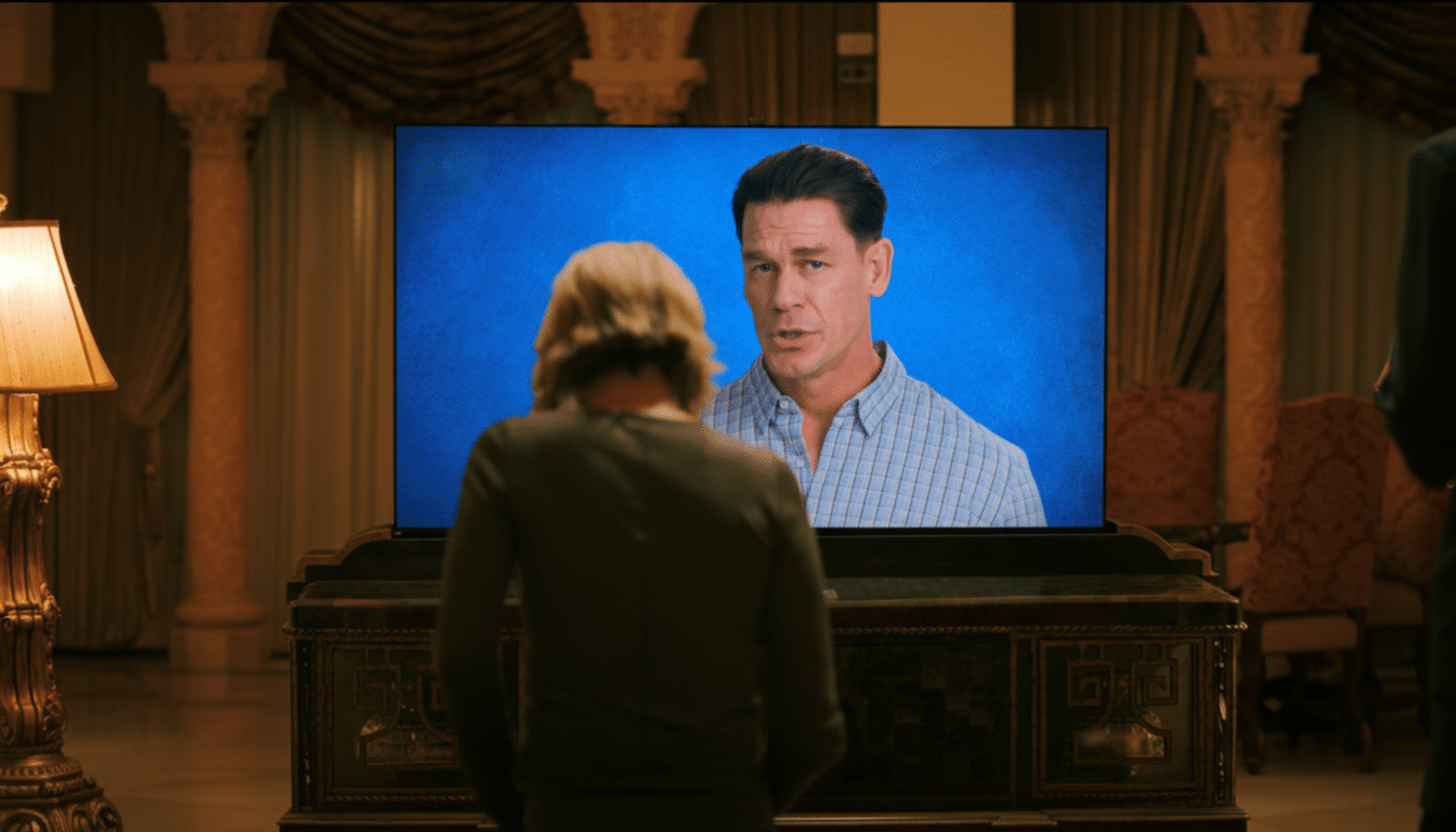 A person with their back to the viewer watches John Cena on a large screen, which is now resized to a 16:9 aspect ratio.
