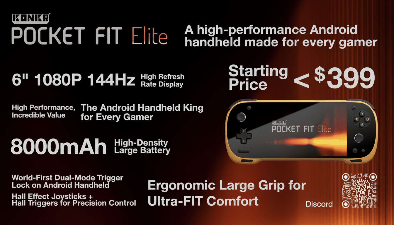 A promotional image for the Konkr Pocket Fit Elite, a high-performance Android handheld gaming device, showcasing its features and starting price.