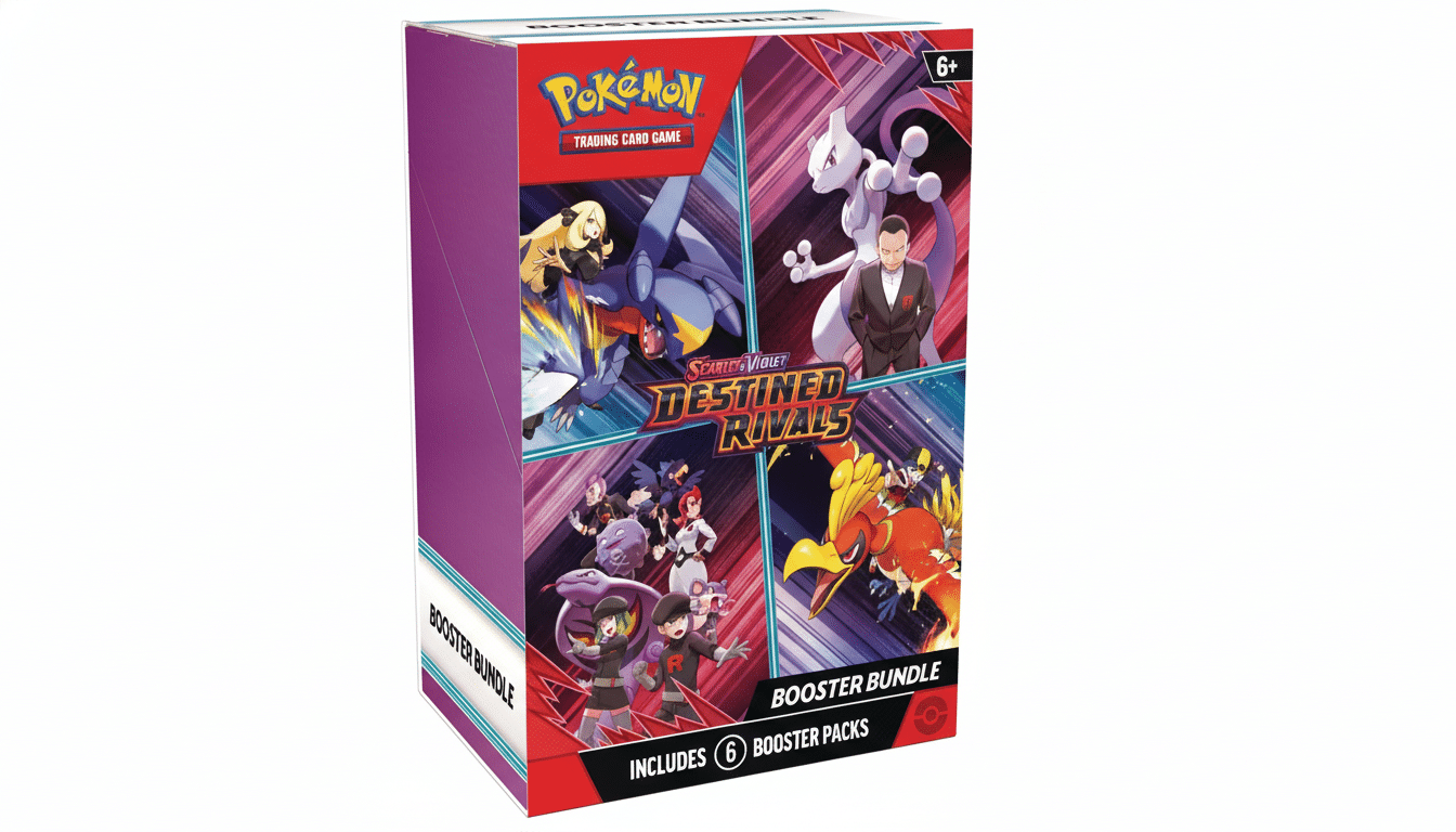 A 16:9 aspect ratio image of a Pokémon Trading Card Game Scarlet & Violet Destined Rivals Booster Bundle, featuring various Pokémon characters and trainers on its packaging.