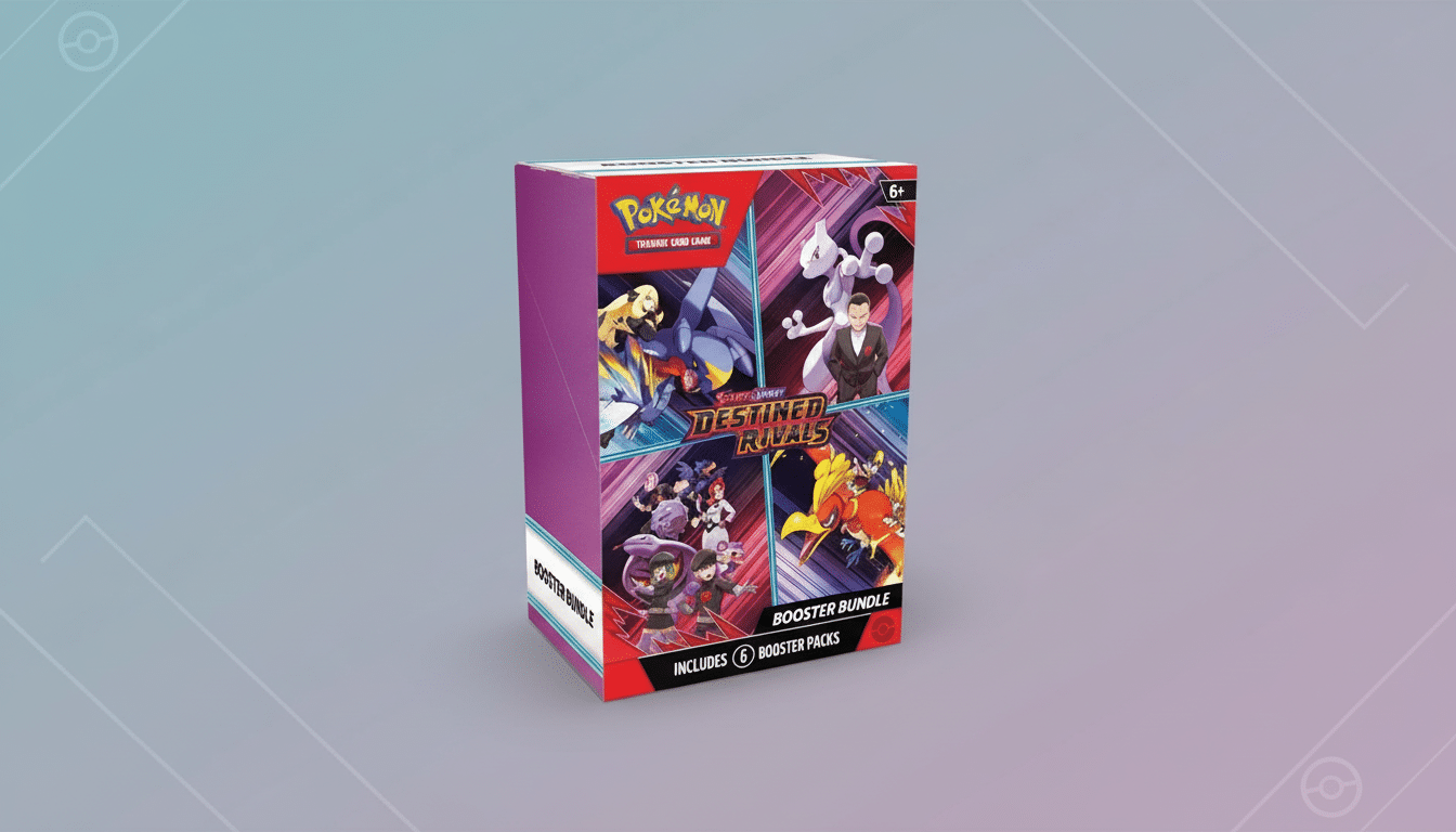 A Pokémon Trading Card Game Destined Rivals Booster Bundle box, featuring various Pokémon characters and trainers, presented on a professional flat design background with soft gradients.