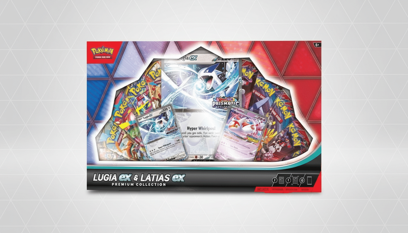 A Pokémon Lugia ex & Latias ex Premium Collection box, featuring several Pokémon trading cards and booster packs, set against a professional flat design background with soft geometric patterns.