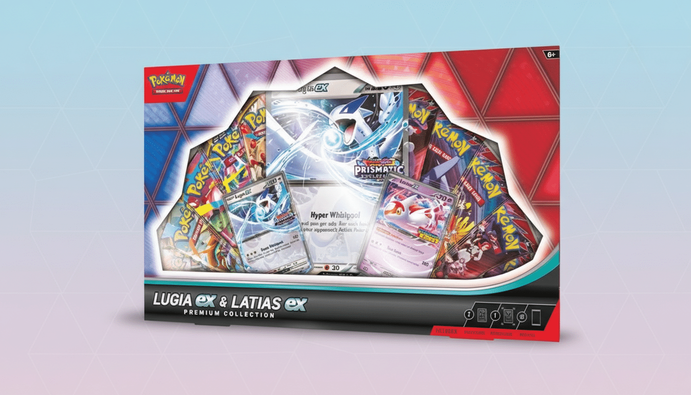 A Pokémon Lugia EX & Latias EX Premium Collection box, featuring several booster packs and oversized cards, set against a professional flat design background with soft blue and purple gradients.