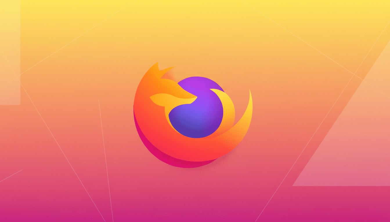 The Firefox logo, featuring an orange fox embracing a purple globe, set against a professional 16:9 background with soft orange and purple gradients and subtle geometric patterns.