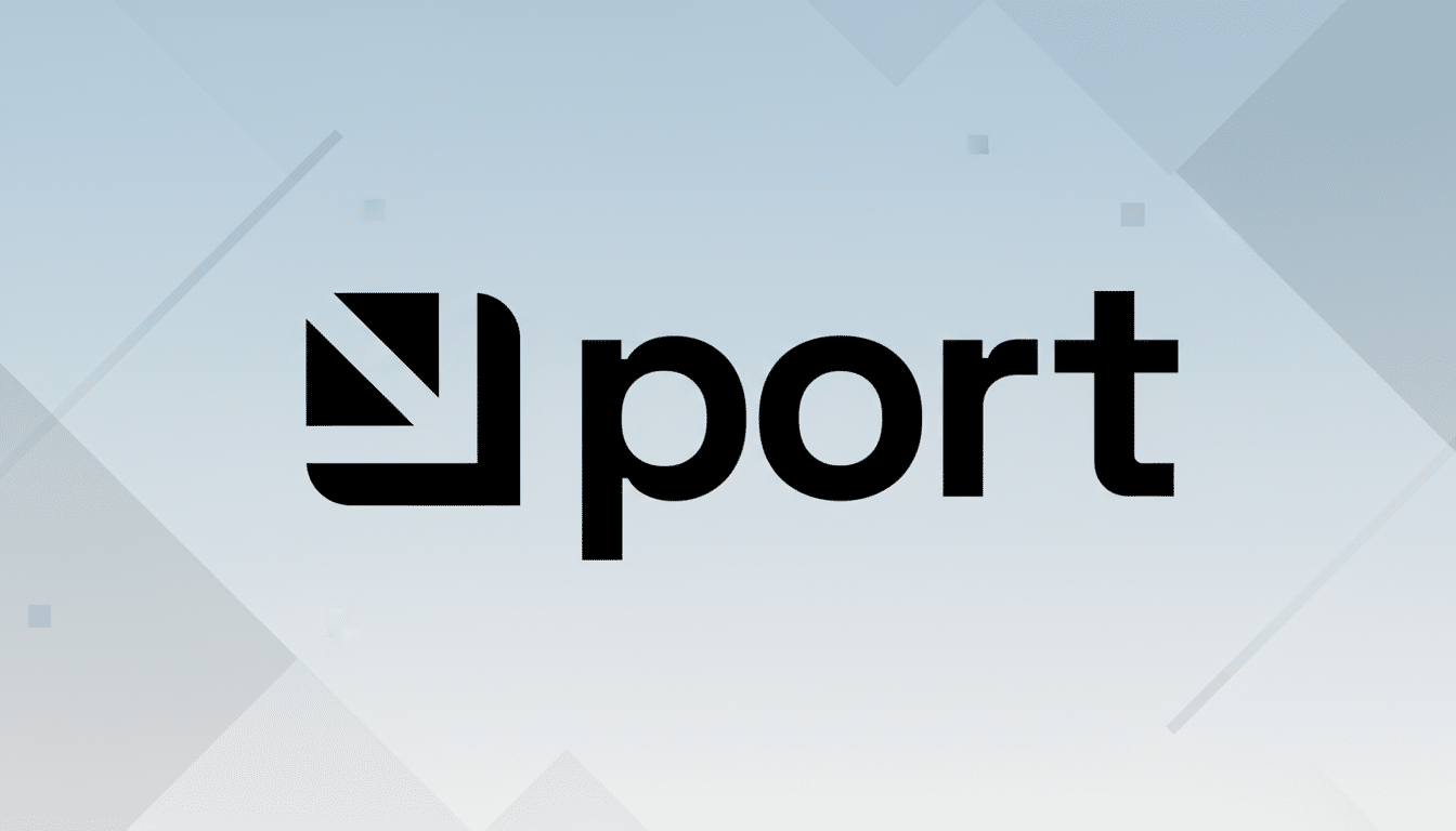 The Port logo, featuring a stylized black square with a white arrow pointing diagonally downwards and to the right, followed by the word port in black lowercase letters, set against a professional light blue and white geometric background.