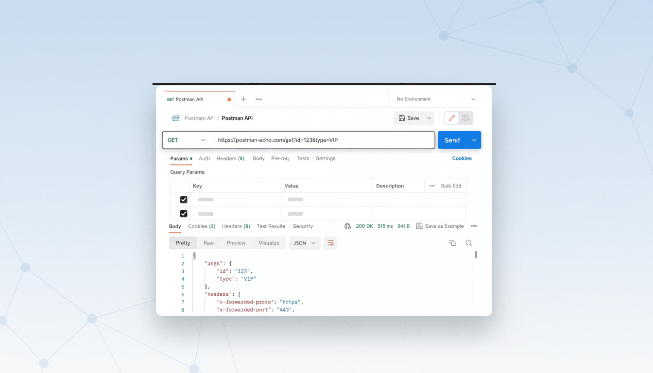 A screenshot of the Postman API client interface, showing a GET request to https://postman-echo.com/get?id=123&type=VIP with query parameters and a JSON response body. The interface is presented on a light blue background with a subtle geometric pattern.