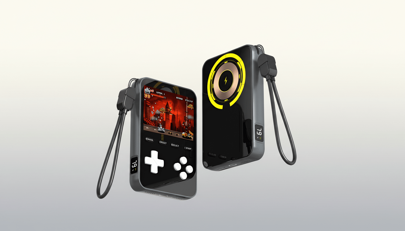 A 16:9 aspect ratio image of a portable gaming device and power bank, presented professionally with a soft gradient background.