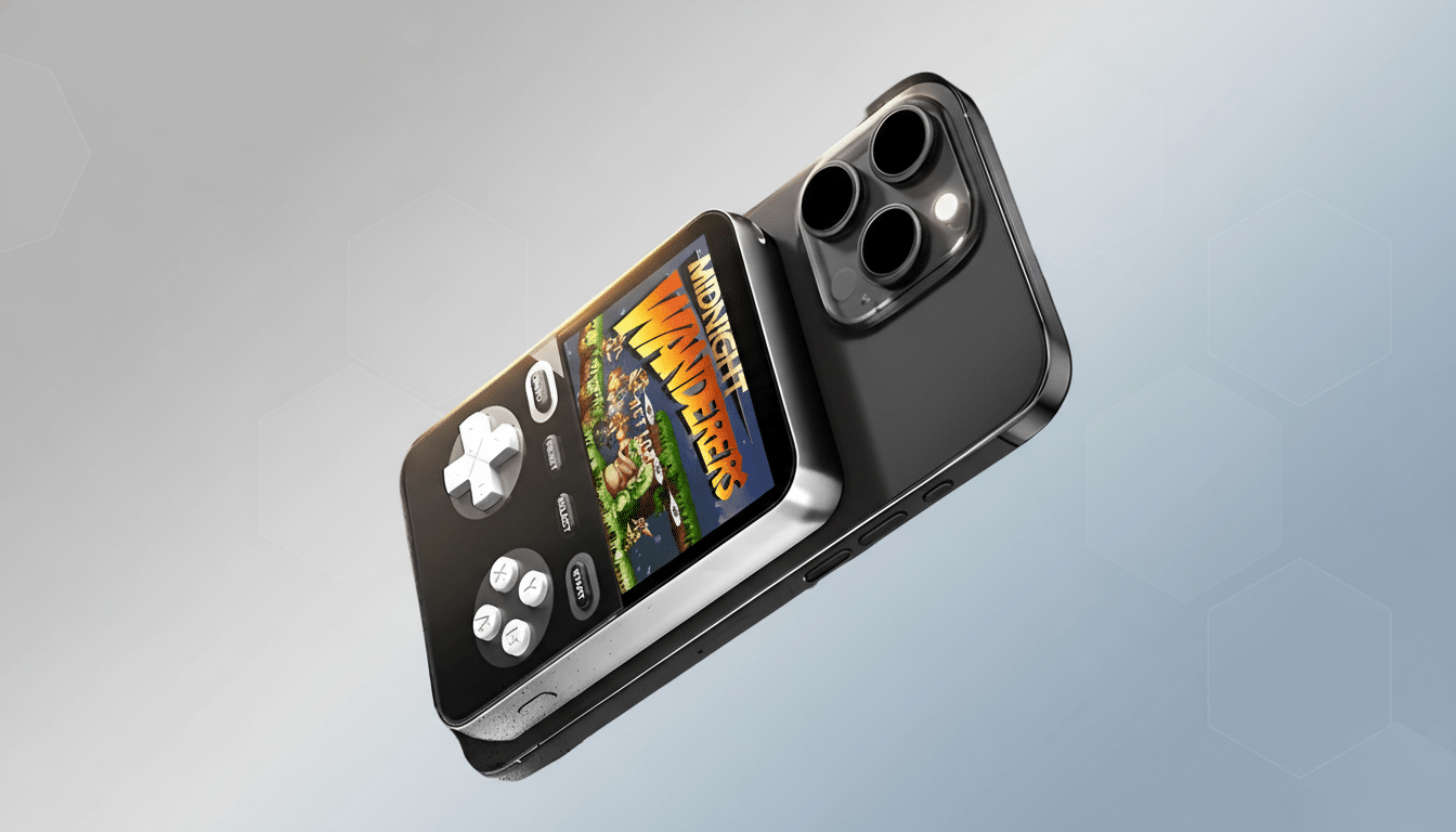 A black iPhone with a retro gaming handheld attached to its back, displaying the game Midnight Wanderers on its screen. The background is a professional flat design with soft patterns and gradients.