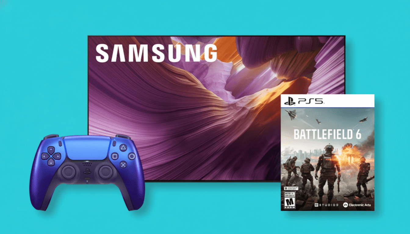 A Samsung television, a blue PlayStation 5 controller, and a copy of the Battlefield 6 game for PS5, all arranged on a teal background.