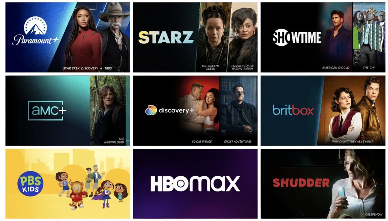 A grid of nine streaming service logos, each accompanied by promotional images from their respective shows.
