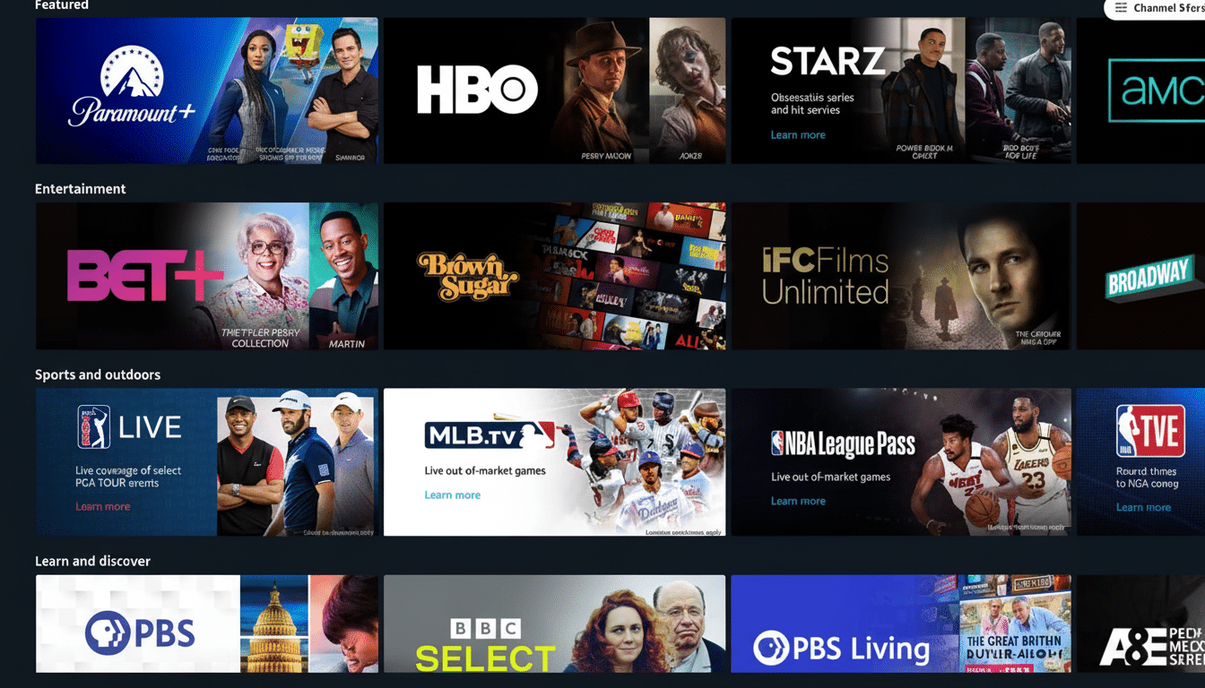 A screenshot of a streaming service interface, displaying various channels and content categories like Featured, Entertainment, Sports and outdoors, and Learn and discover. Prominently featured channels include Paramount+, HBO, STARZ, BET+, Brown Sugar, IFC Films Unlimited, PGA TOUR LIVE, MLB.TV, NBA League Pass, PBS, BBC SELECT, and PBS Living. The interface is dark with colorful channel logos and program thumbnails.