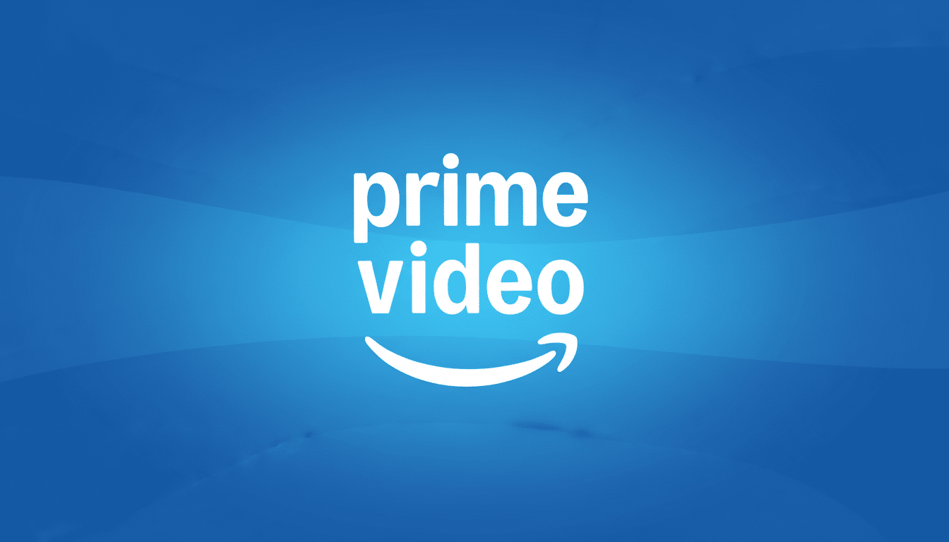 The Prime Video logo, featuring prime video in white text with the Amazon smile logo underneath, centered on a professional blue background with subtle wave patterns and a soft gradient.