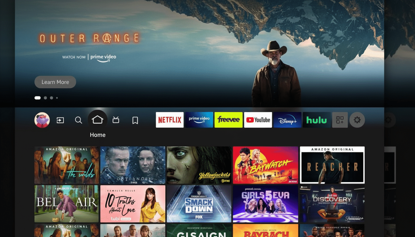 A screenshot of a smart TV interface, displaying various streaming service apps and show recommendations. The top banner features Outer Range with a man in a cowboy hat against a mountain backdrop.