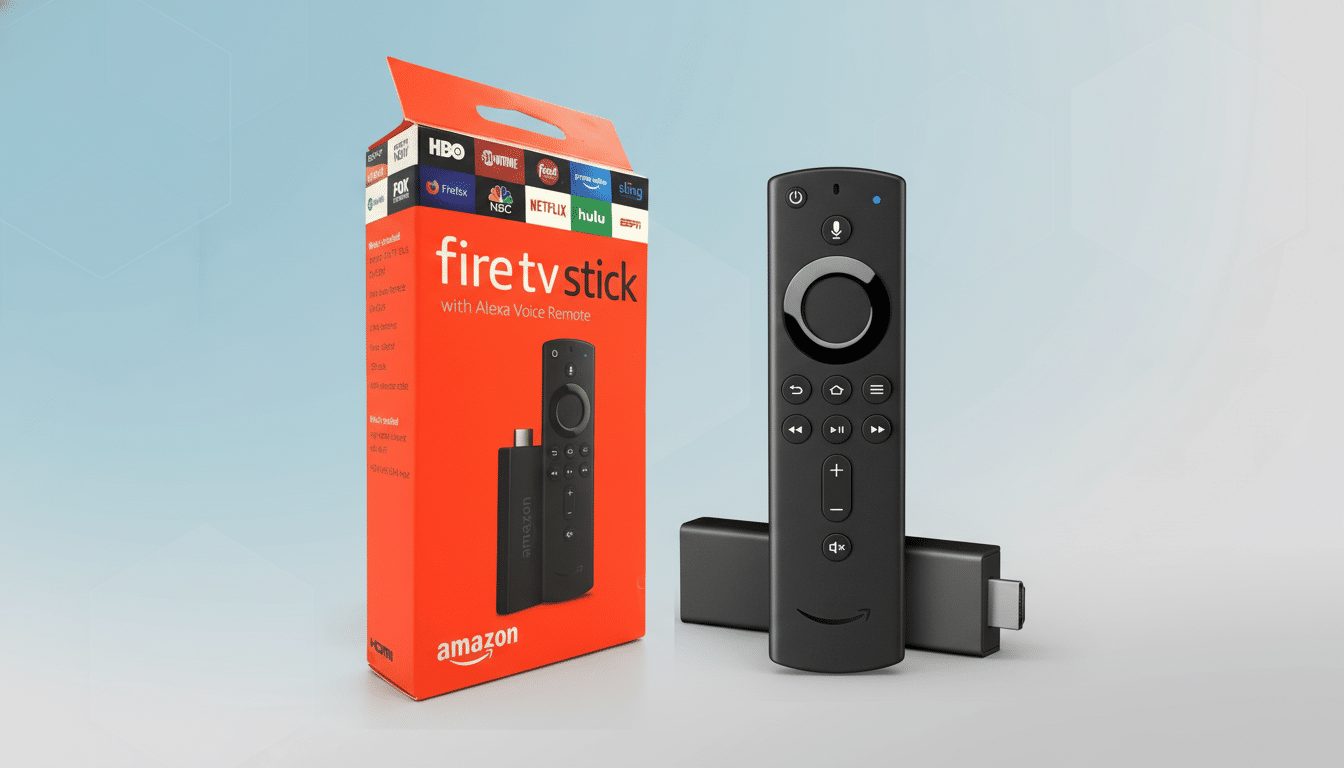 An Amazon Fire TV Stick with Alexa Voice Remote, shown next to its orange packaging, against a professional light blue gradient background.
