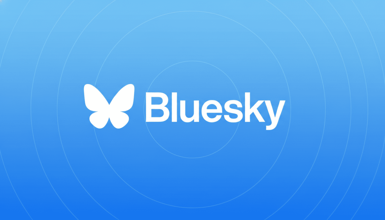 The Bluesky logo, featuring a white butterfly icon next to the word Bluesky in white text, set against a professional blue gradient background with subtle concentric circle patterns.