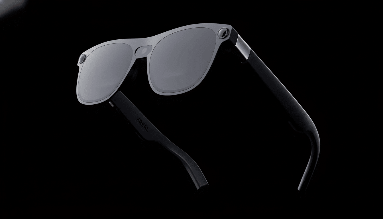 A pair of sleek, dark gray smart glasses with XREAL visible on the temple, presented against a black background.