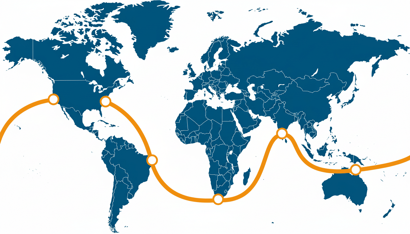 A world map with a curved orange line connecting various points across continents, representing a global route or network.