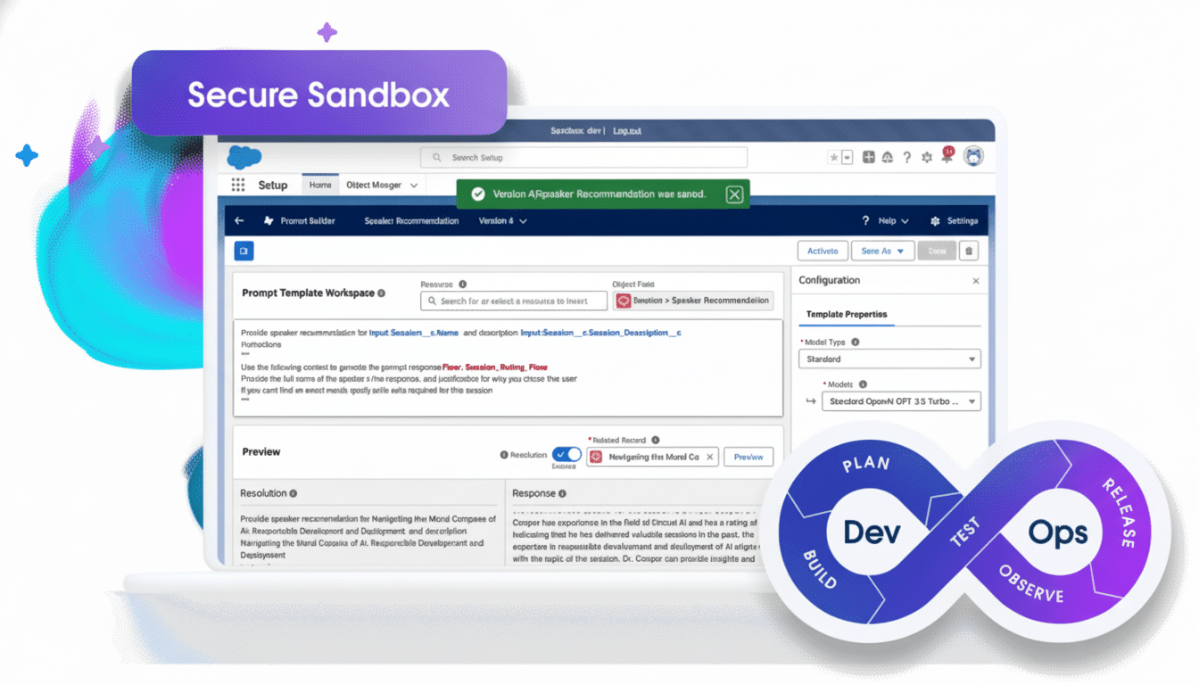 A screenshot of a Salesforce interface with a Secure Sandbox label, showing a prompt template workspace and configuration settings, alongside an infinity symbol graphic illustrating a DevOps cycle.