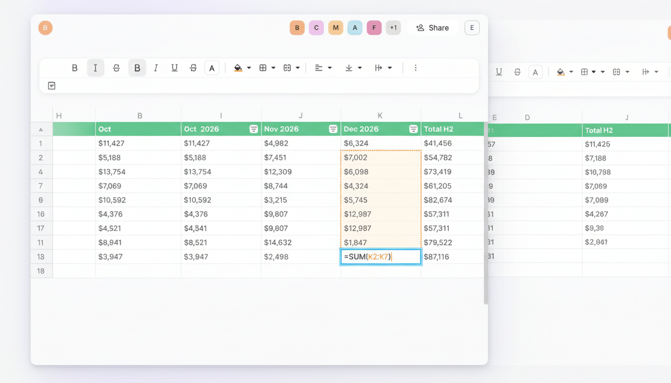 A spreadsheet showing financial data for October, November, and December 2026, with a sum formula highlighted.