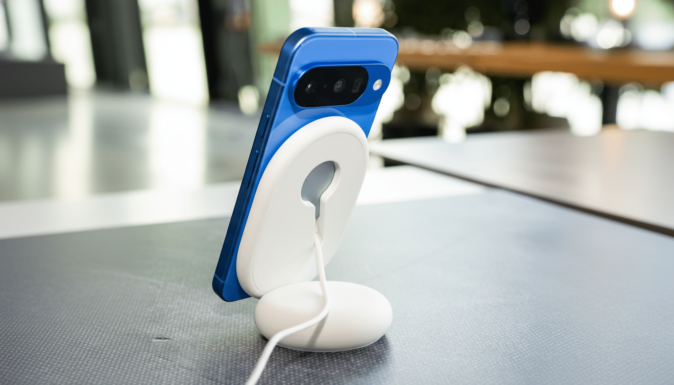 A blue smartphone on a white charging stand, presented in a 16:9 aspect ratio with a professionally enhanced appearance.