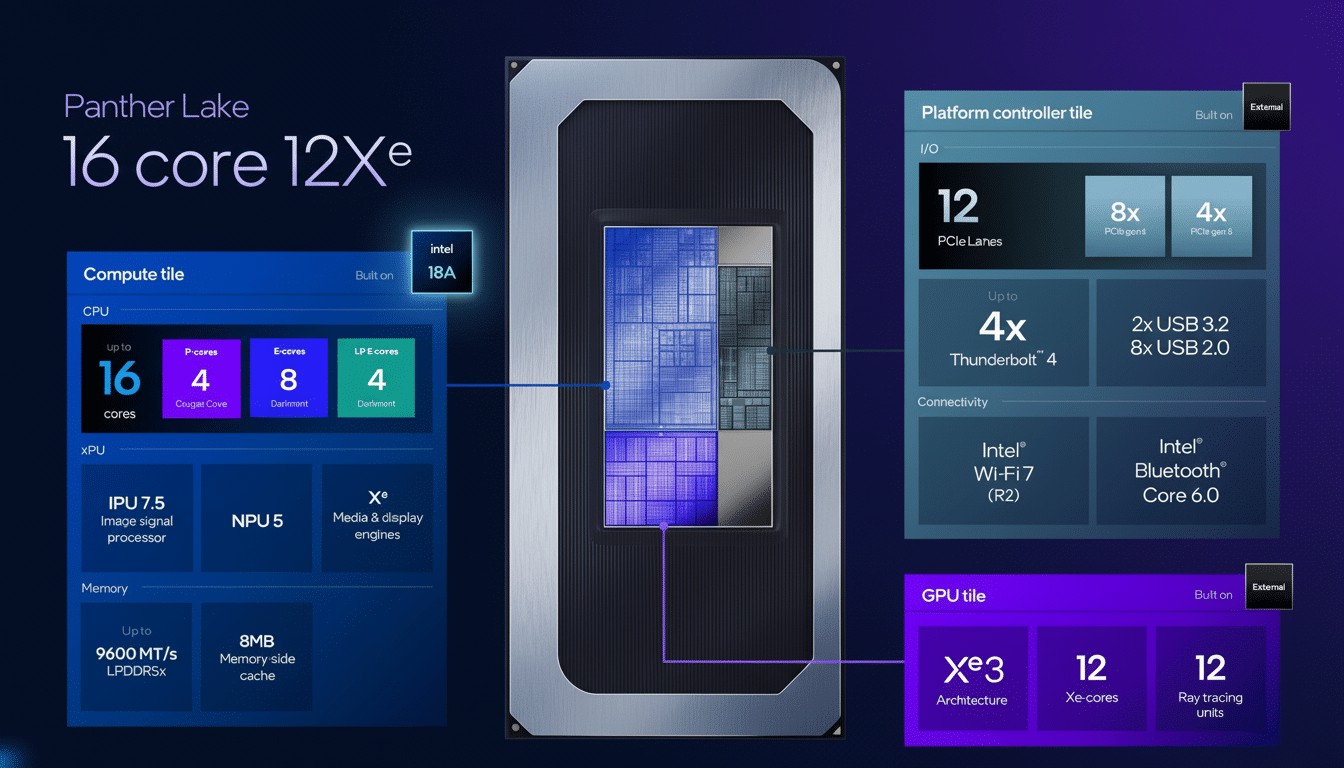 A detailed diagram of the Intel Panther Lake 16 core 12Xe processor, showcasing its compute tile, platform controller tile, and GPU tile with specifications for CPU, xPU, memory, I/O, and connectivity.