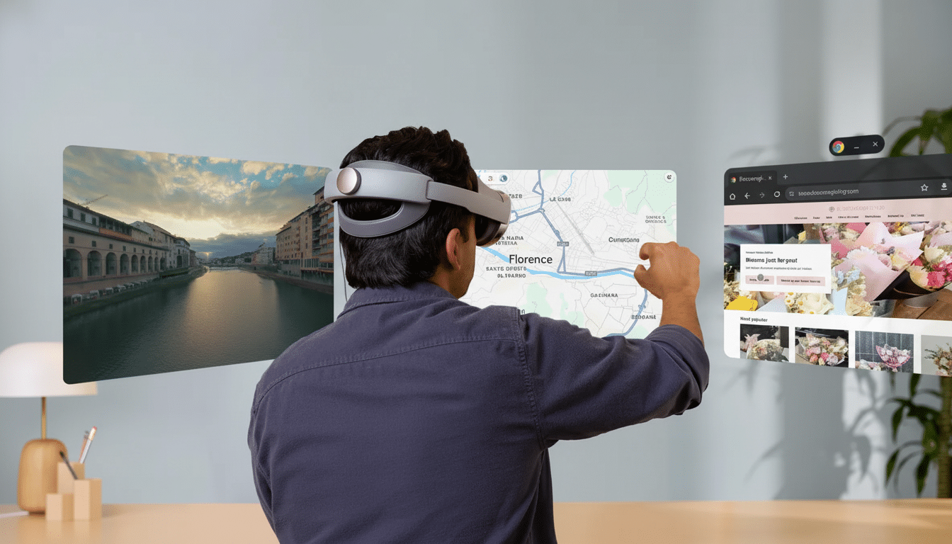 A person wearing a virtual reality headset interacts with multiple floating screens, one showing a map of Florence, another a scenic canal view, and a third a flower delivery website.