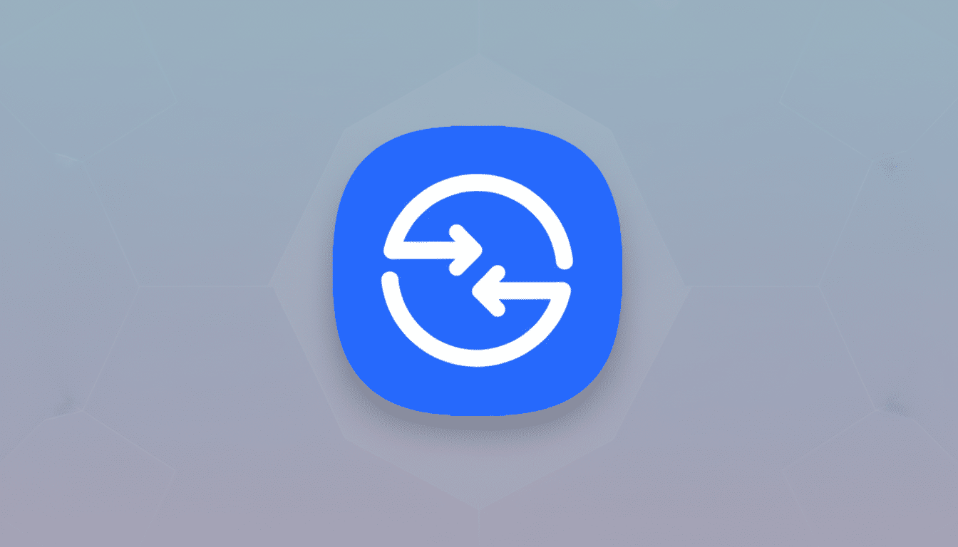 A blue app icon with a white circular arrow symbol, indicating refresh or exchange, set against a professional flat gray background with subtle hexagonal patterns.